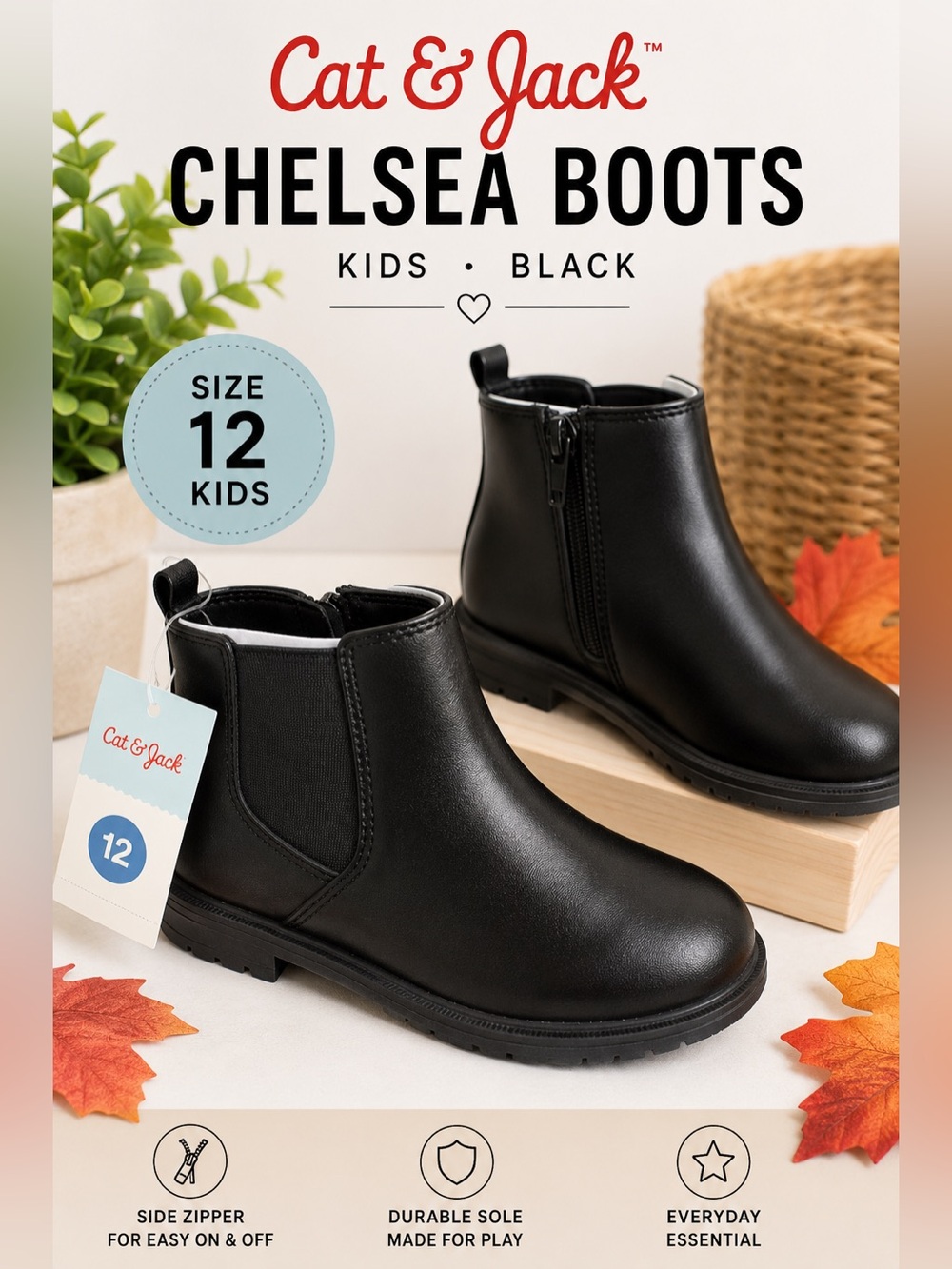 NWT Cat & Jack Black Chelsea Ankle Boots Size 12 Kids Toddler